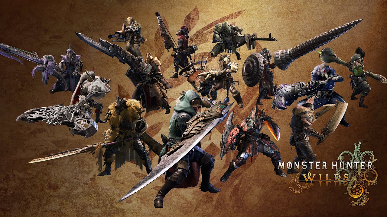 Caçadores Monster Hunter Wilds usando múltiplas armas em arte oficial