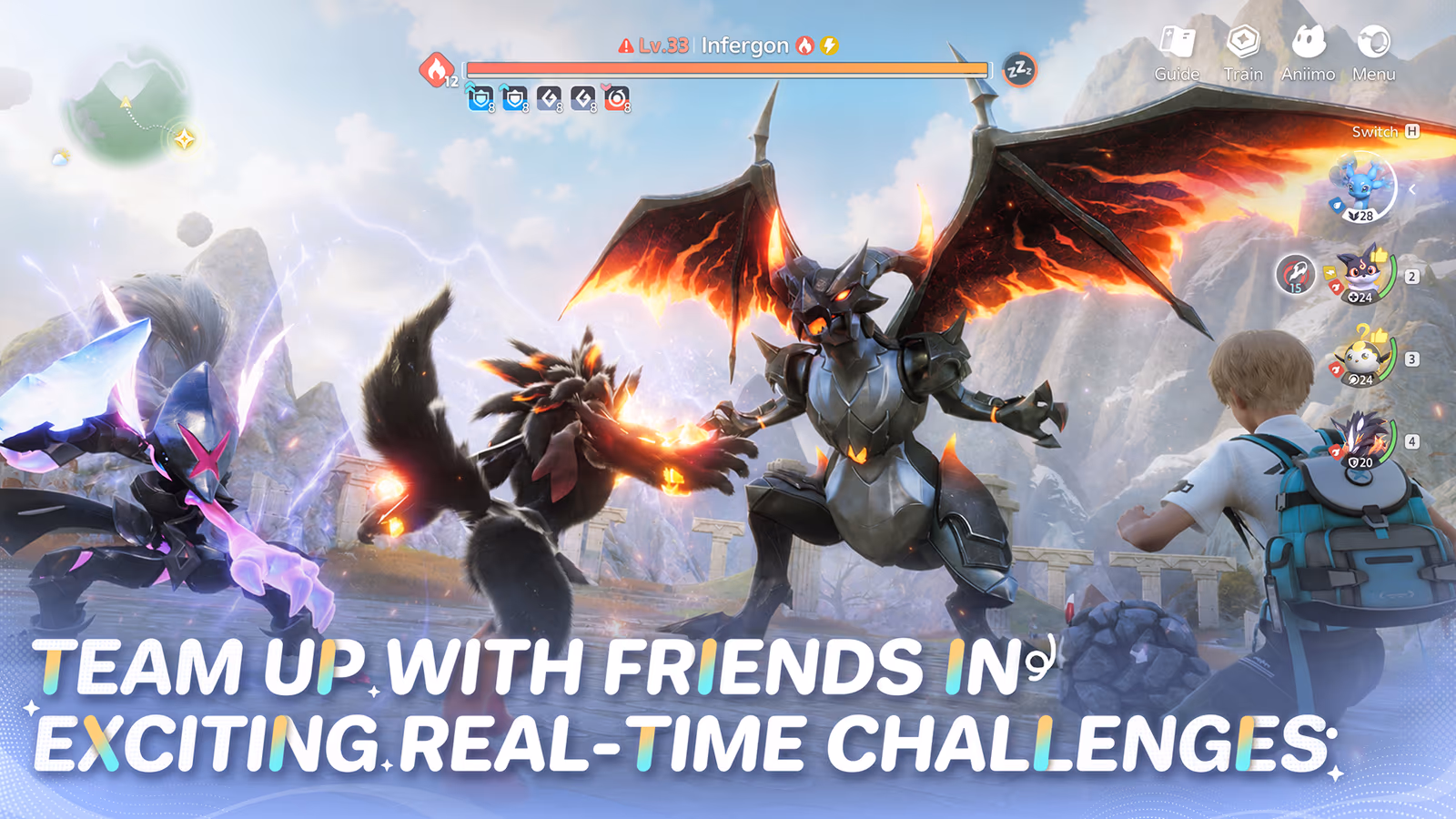 A tamer and Aniimo fighting together in official gameplay art