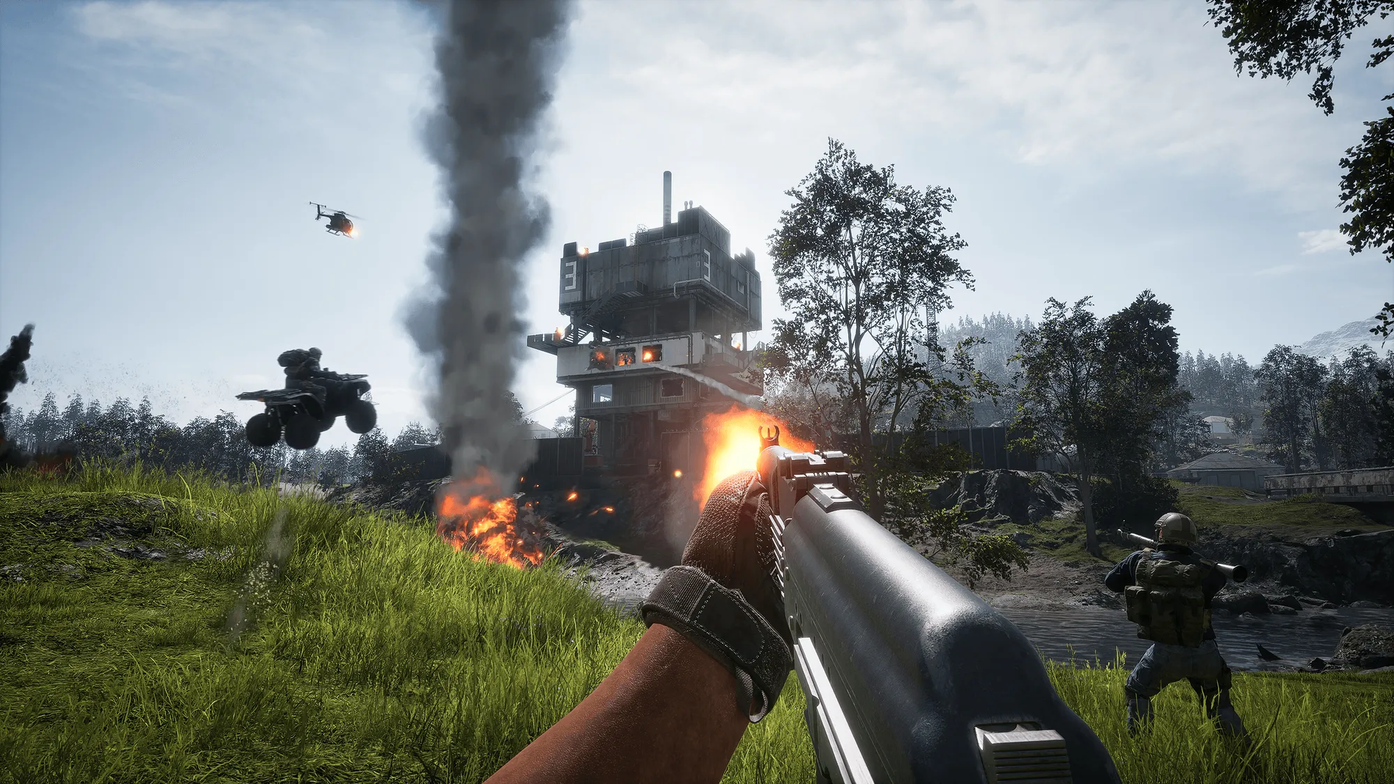 WARDOGS infantry advance beside an ATV and helicopter in official gameplay footage