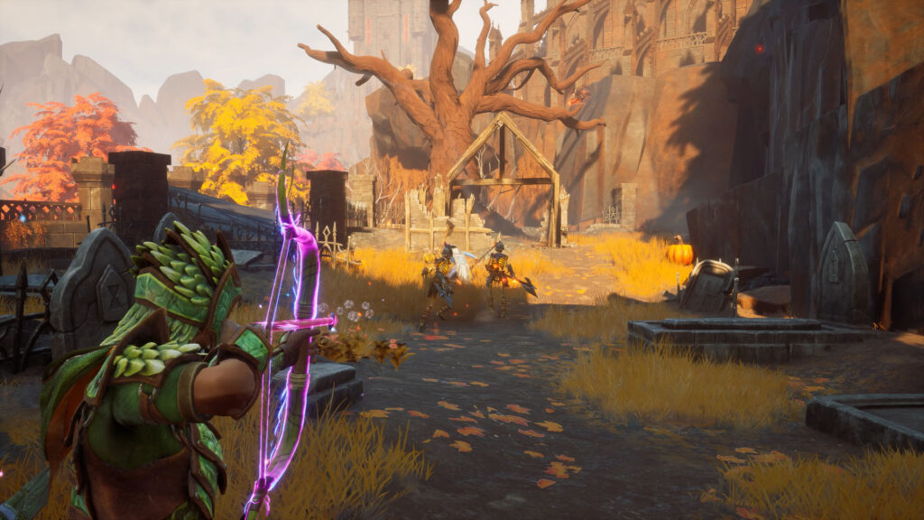 An archer aims a glowing bow at enemies in an official RuneScape Dragonwilds screenshot
