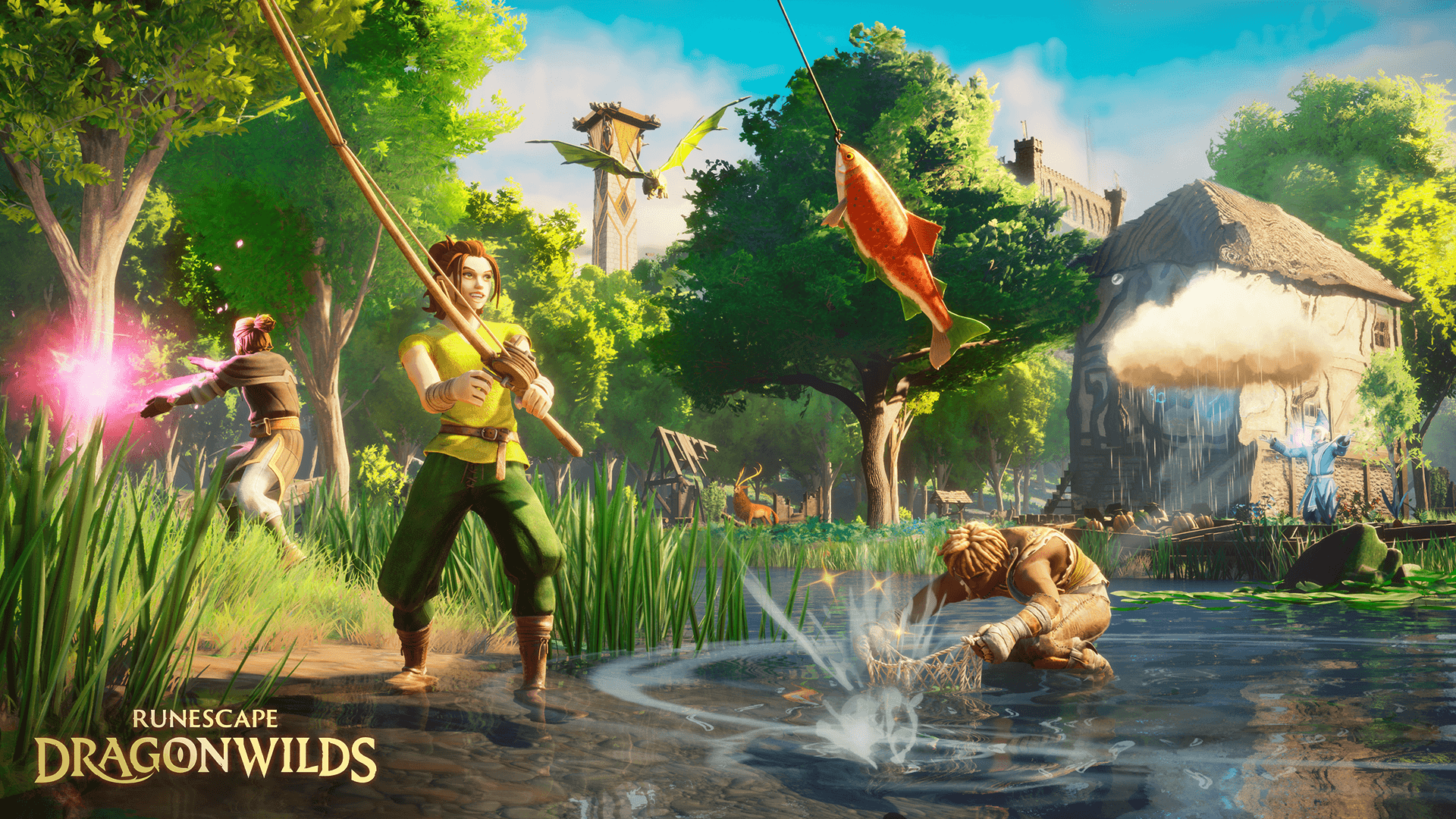 Players fish and explore near a cottage in Jagex's bright RuneScape Dragonwilds 1.0 screenshot