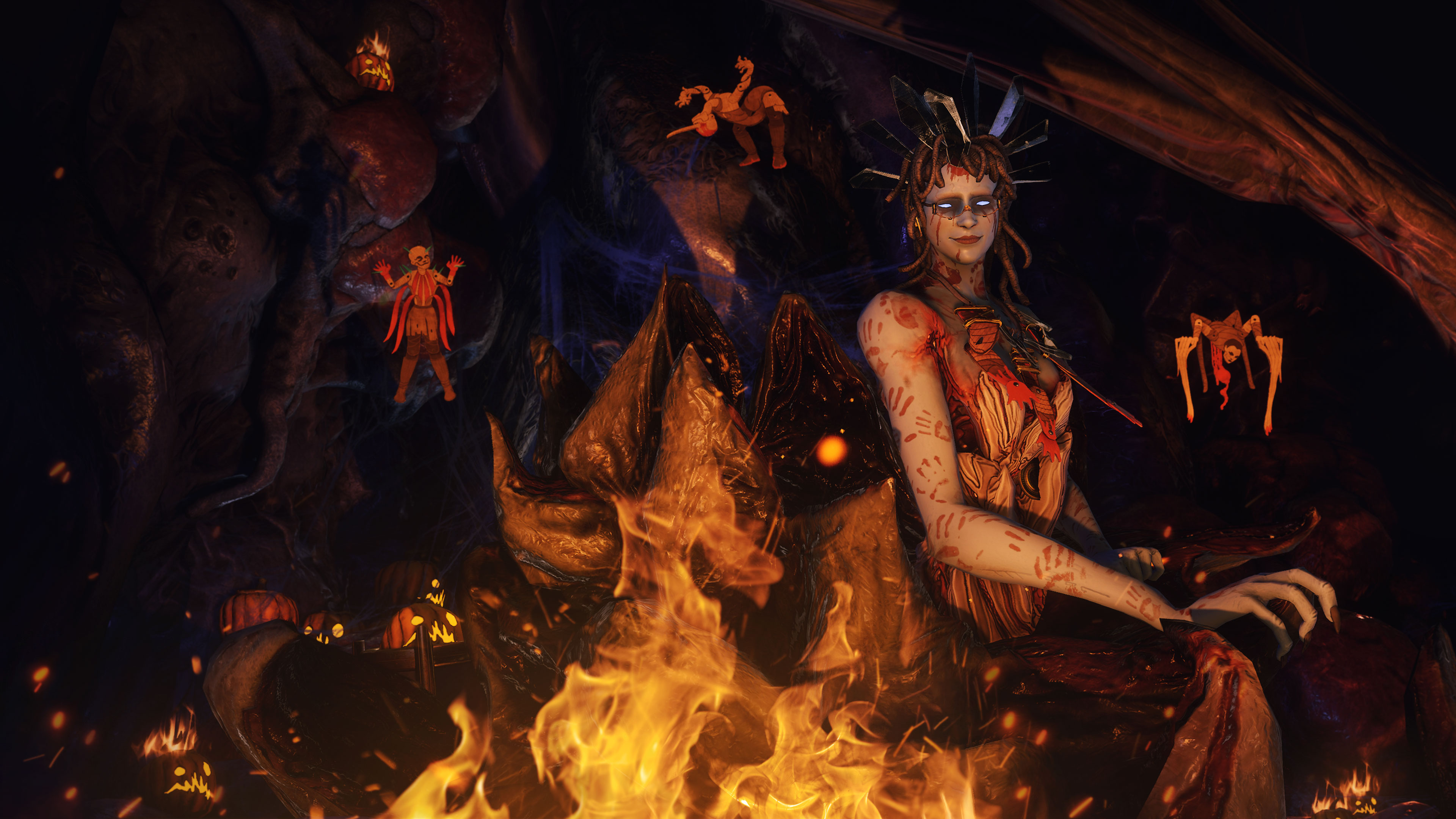 娘は公式Warframe『ナイツ・オブ・ナベロス』のアートワークでハロウィンの装飾の中に立っている。