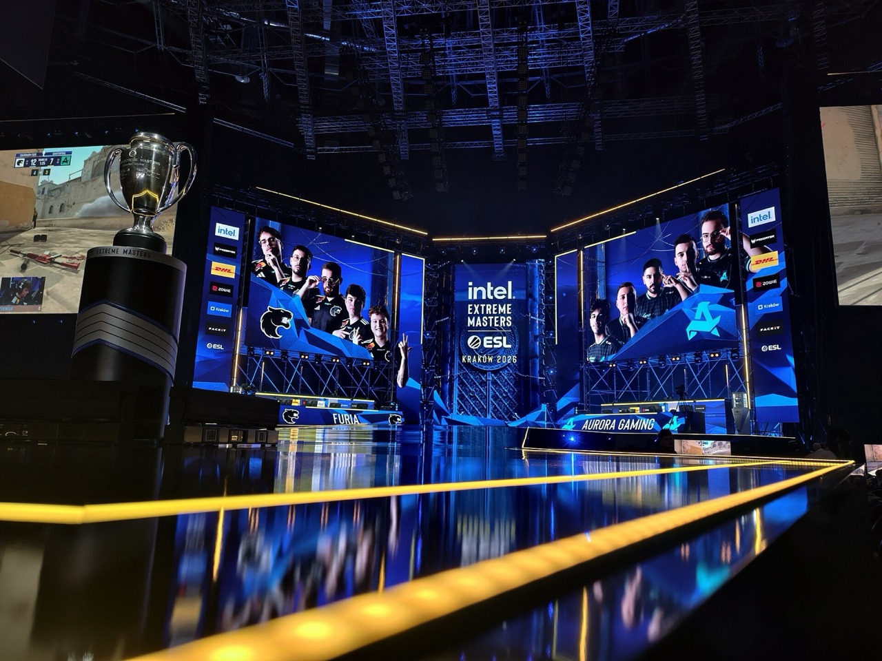 Counter-Strike teams and trophy on the Intel Extreme Masters Krakow 2026 stage