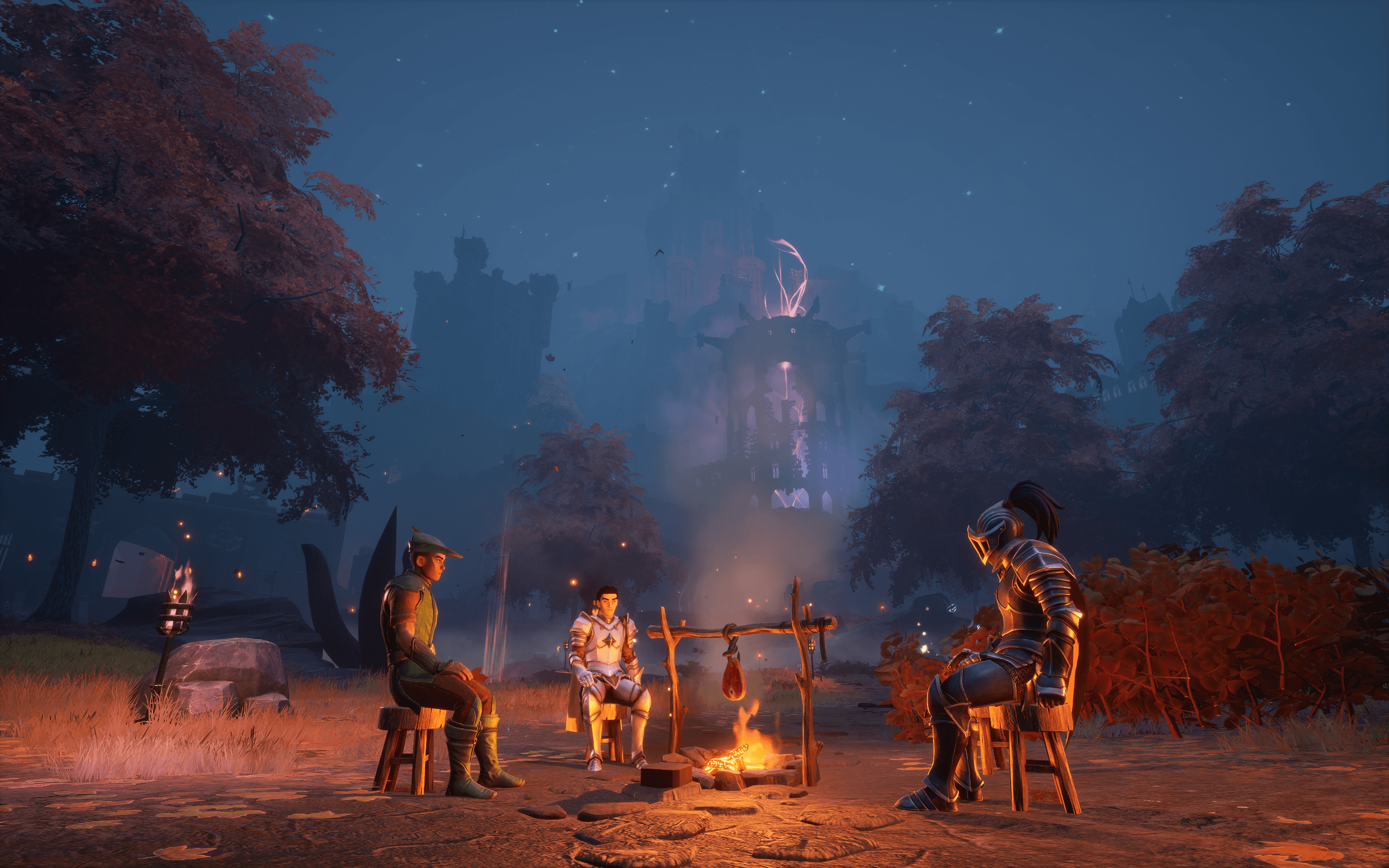 Three Dragonwilds adventurers sit around a campfire in an official Jagex dedicated-server guide image