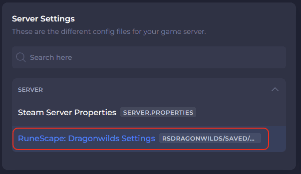 Official Dragonwilds server settings screen showing the RuneScape Dragonwilds configuration section
