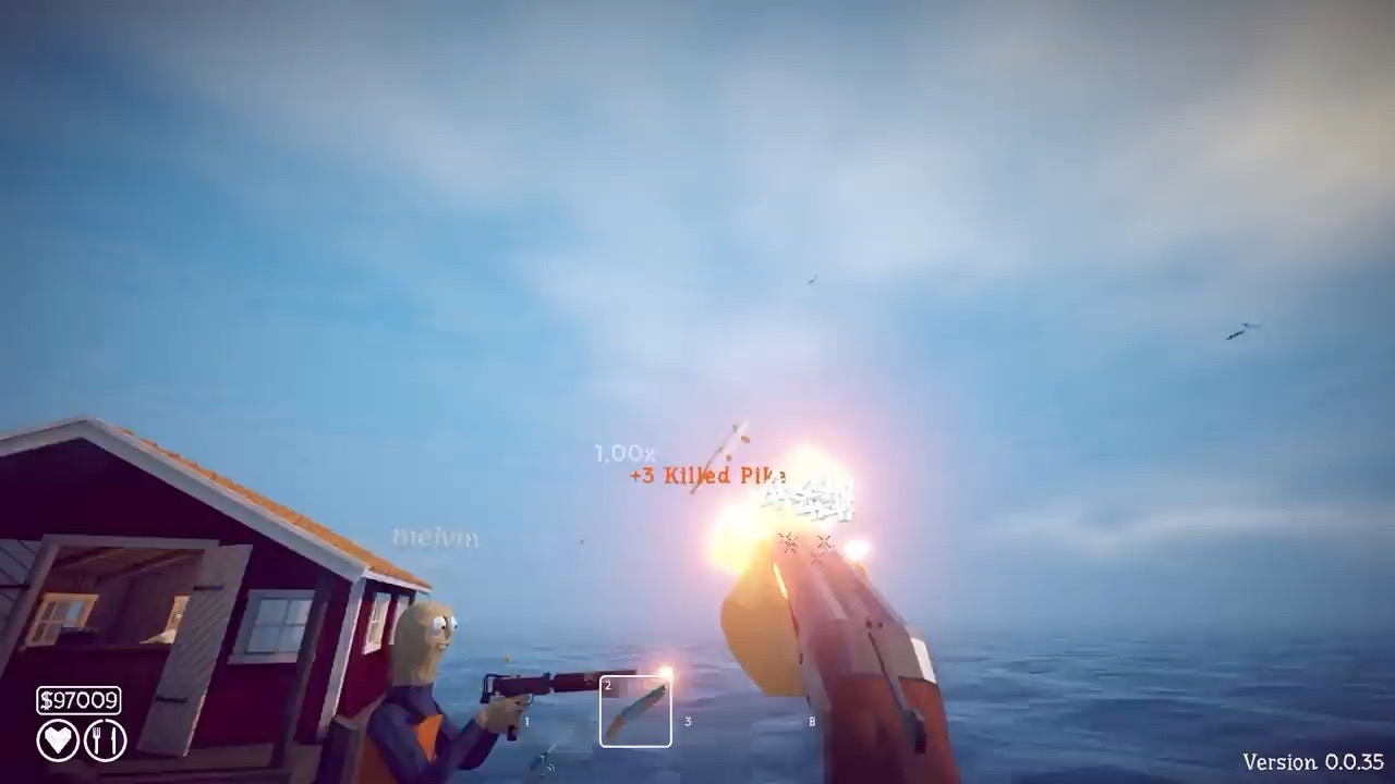 Players shooting airborne fish beside a lighthouse in the official How to Fish release trailer