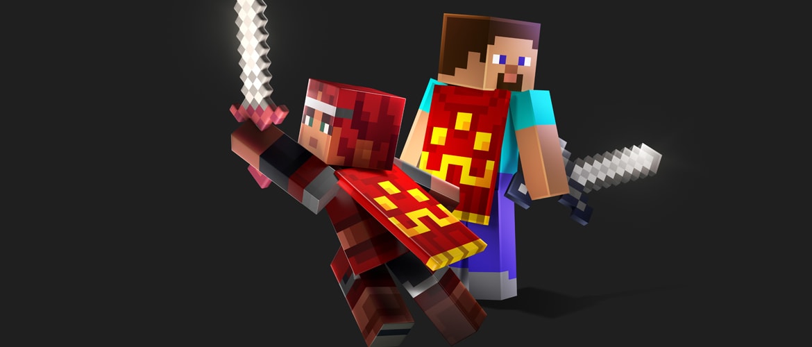 Valorie and Steve wearing the official Minecraft Dungeons II Hero Cape