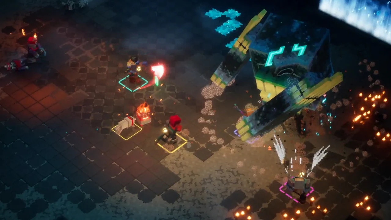 Four Minecraft Dungeons II heroes fighting together in co-op