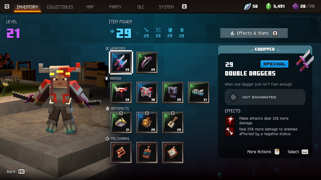 Minecraft Dungeons II inventory and equipment interface