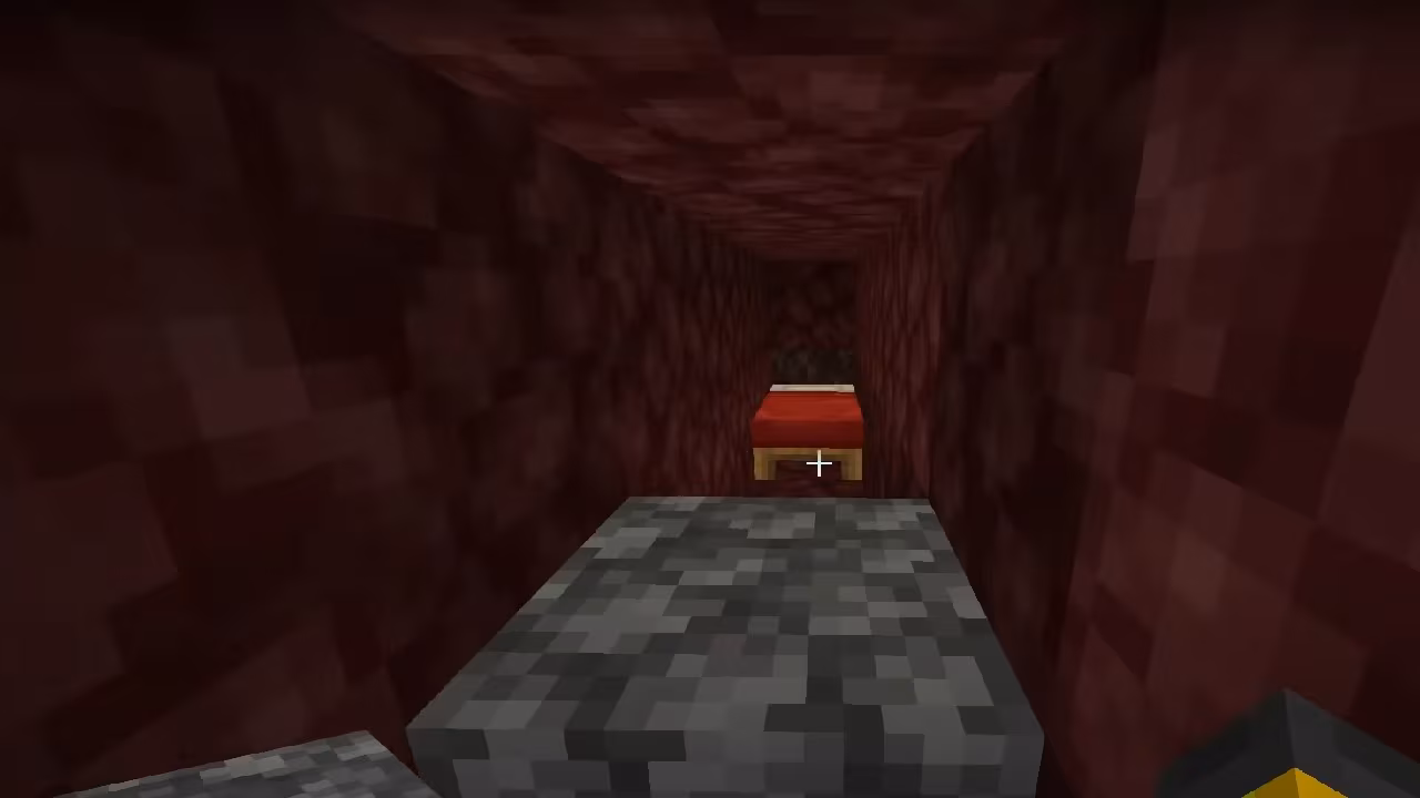 Official Minecraft bed-mining tunnel protected from a Nether explosion