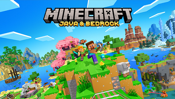 Official Minecraft Java and Bedrock Edition key art with characters and mobs