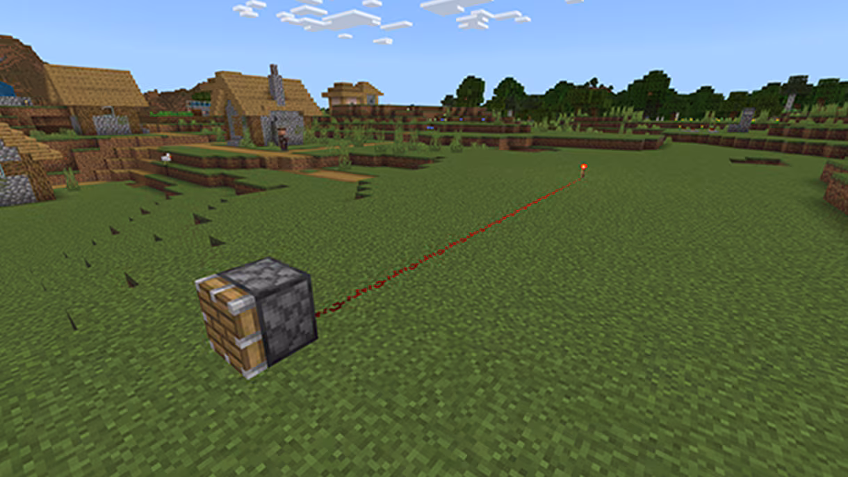A Minecraft redstone circuit with dust, repeaters and mechanical blocks