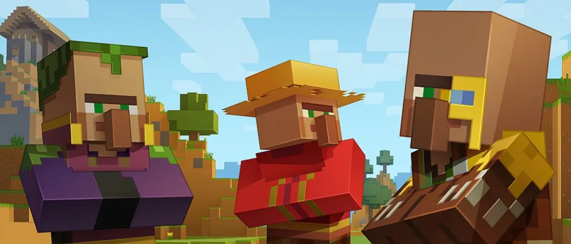 Three Minecraft villagers with distinct official profession outfits