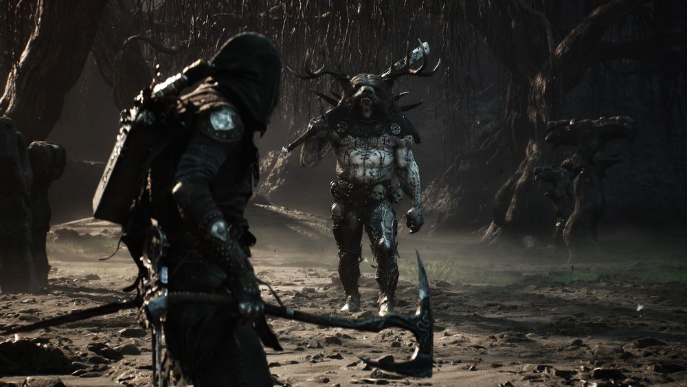 A warrior facing a large enemy in Mortal Shell II