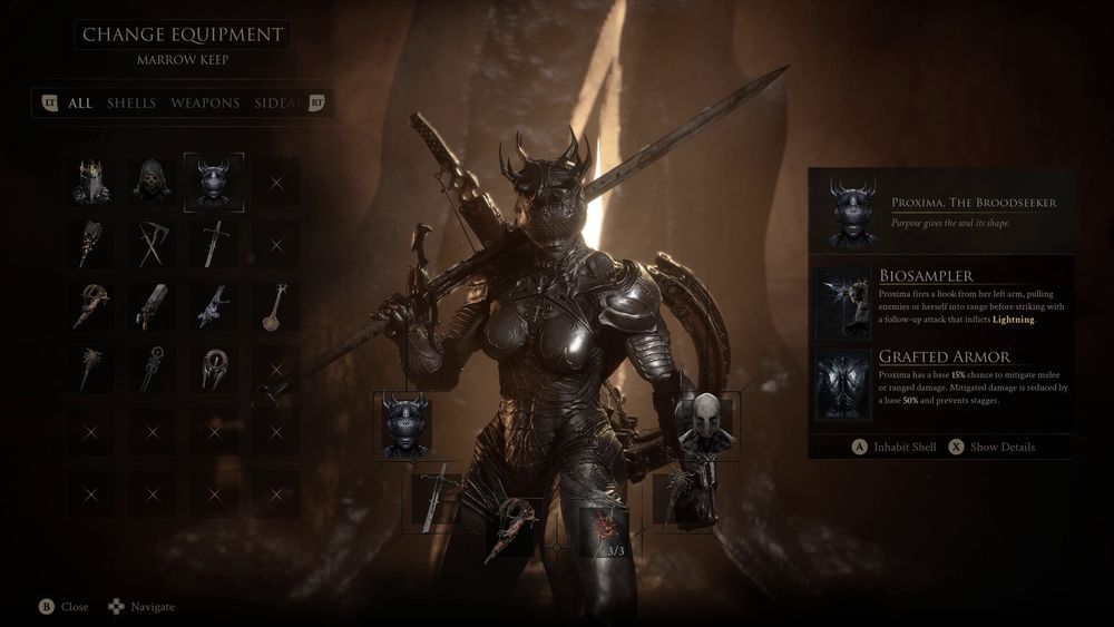 The Mortal Shell II equipment screen showing a playable Shell
