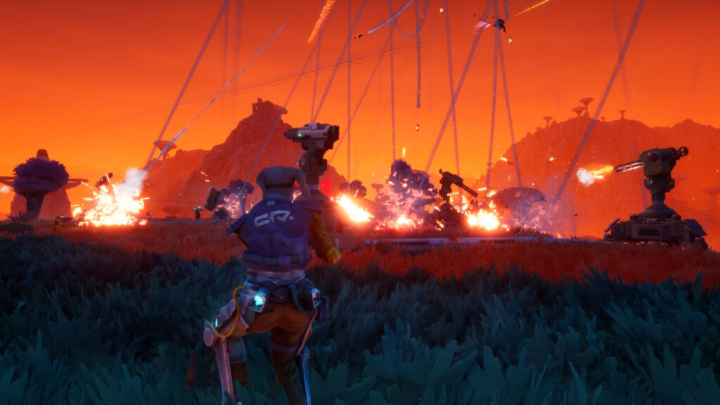 A Gravhounds player defends a base during a bright alien-planet battle