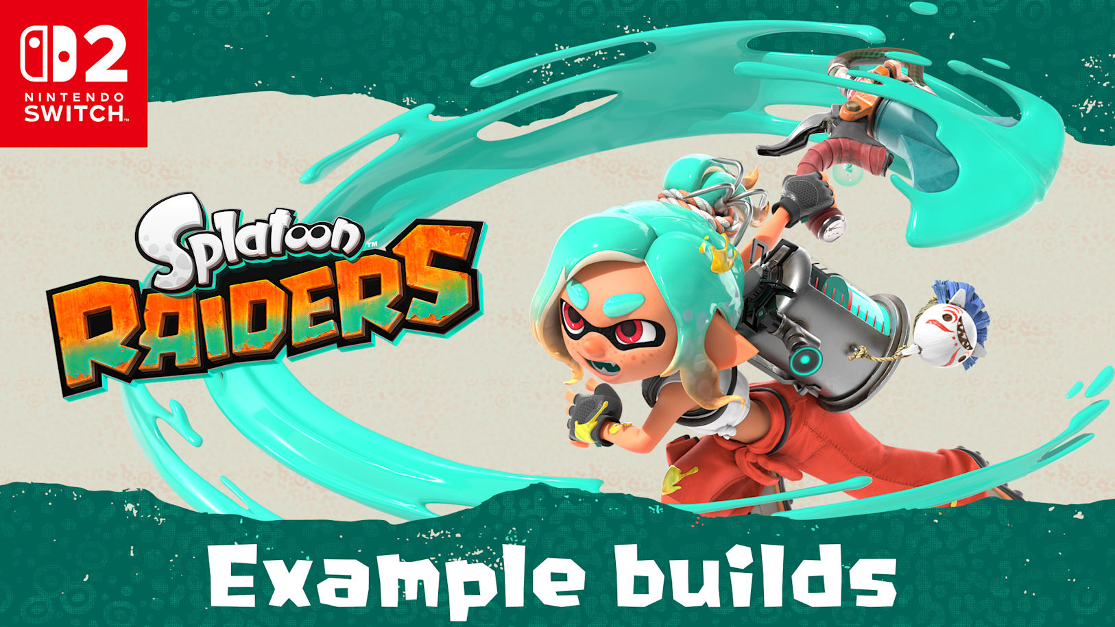 Bright official Splatoon Raiders example build graphic with colorful gear