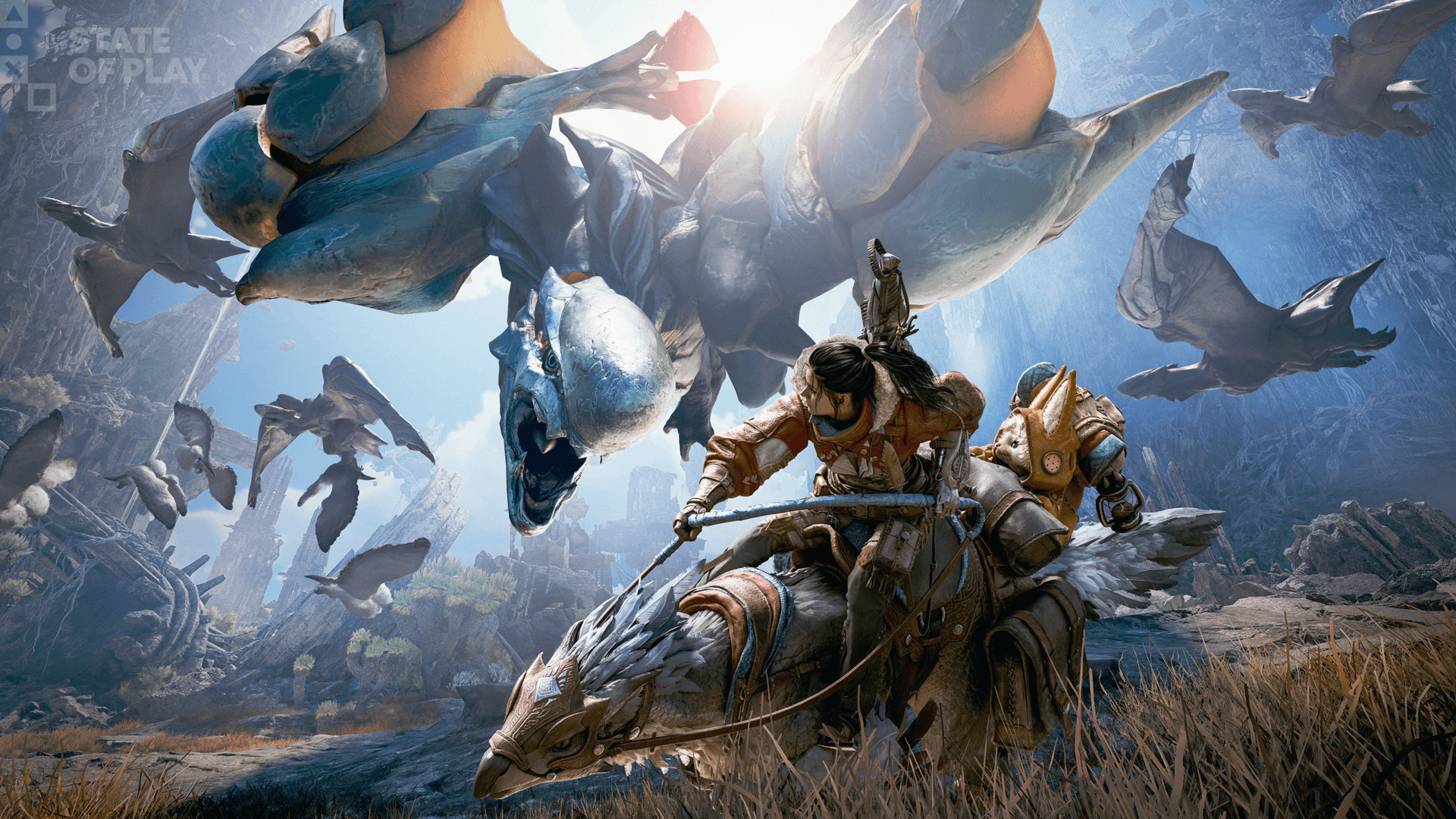Um caçador e um Palico enfrentam Araketa na brilhante Skybound Eyrie
