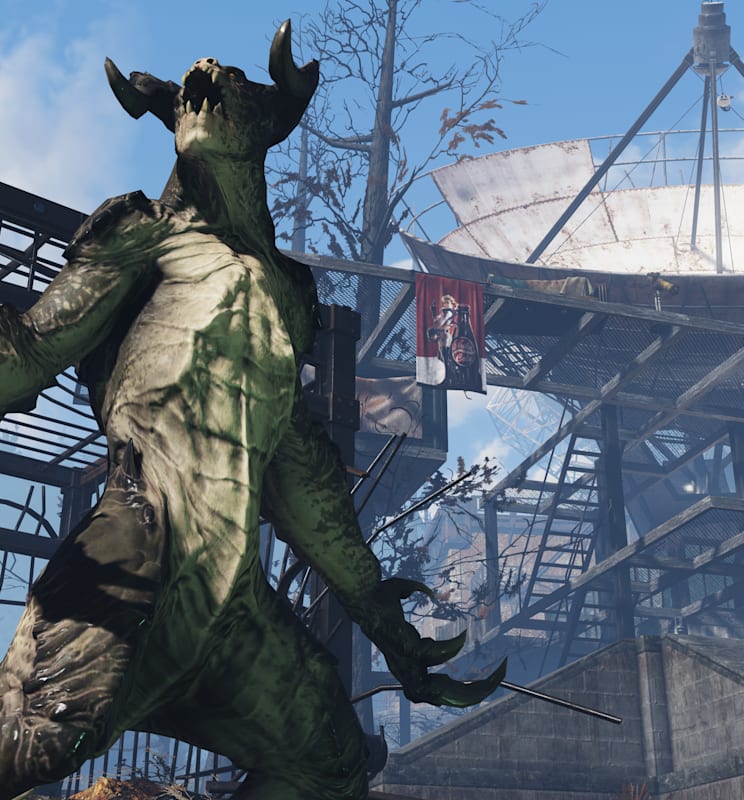 A pet Deathclaw roars in an official Fallout 76 screenshot