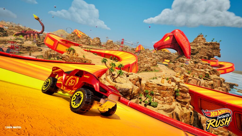 A red Hot Wheels off-road vehicle races across an official desert island scene
