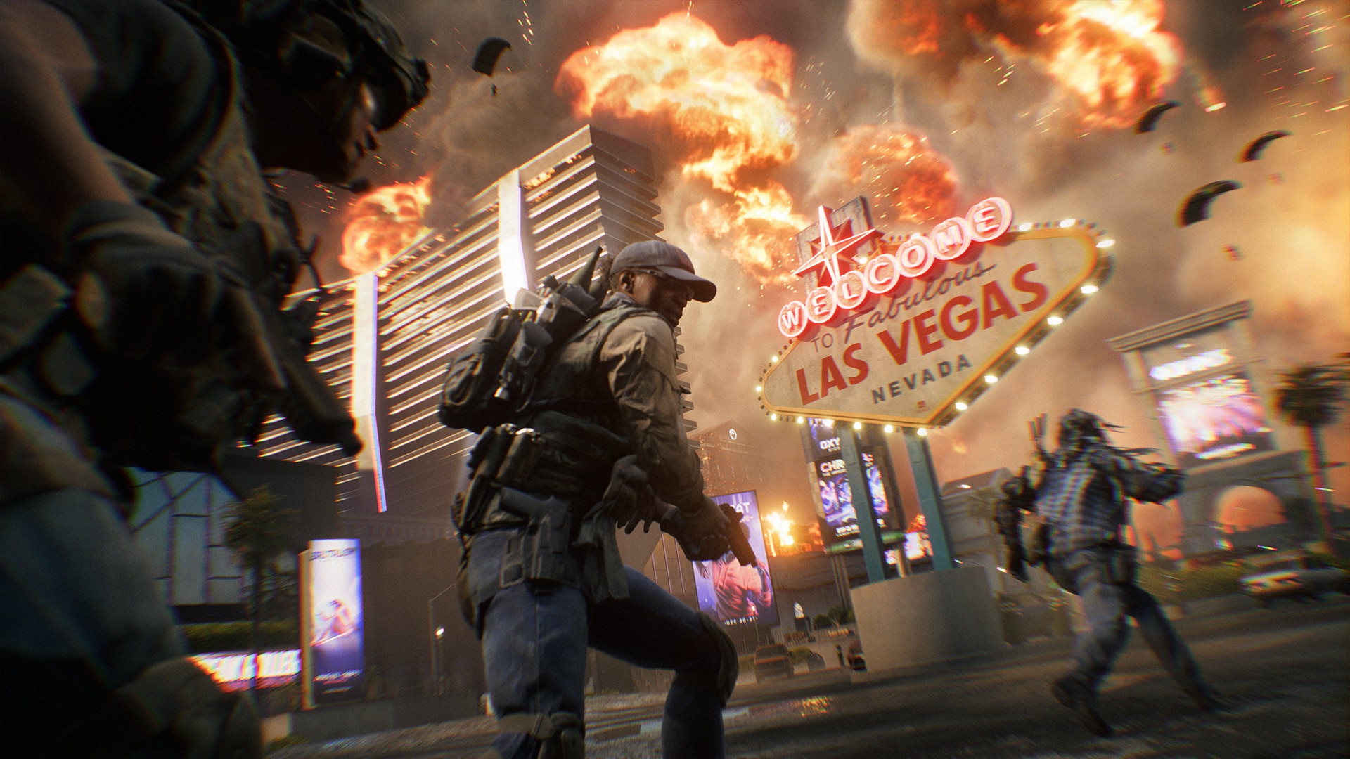 Battlefield REDSEC squad advances through a bright Las Vegas combat zone