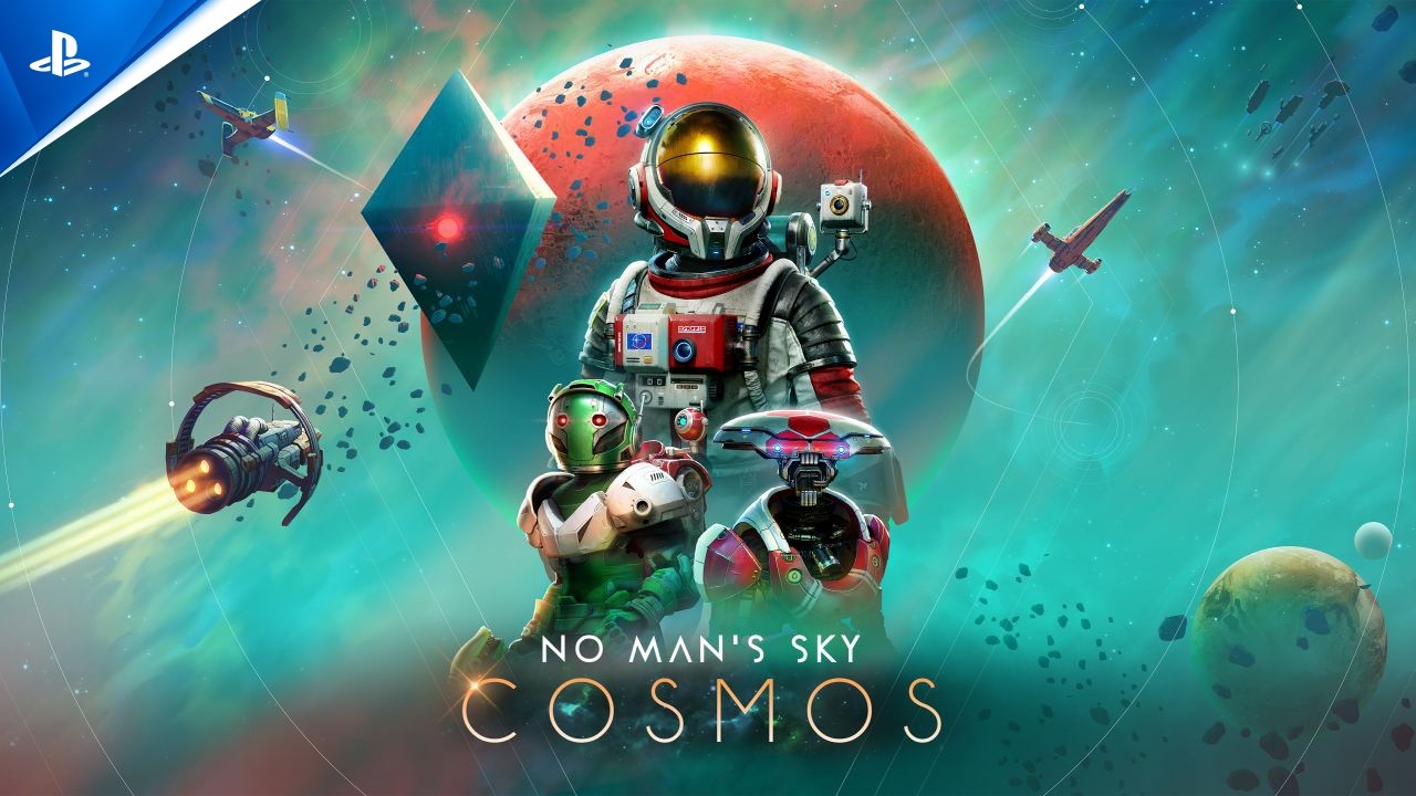 Astronaut and robots in bright official No Man's Sky Cosmos artwork