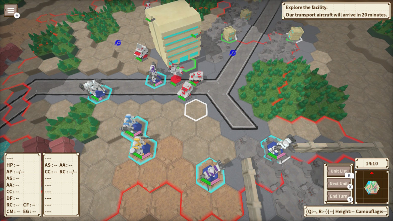 Armored units face each other across an urban hex battlefield in One-inch Tactics