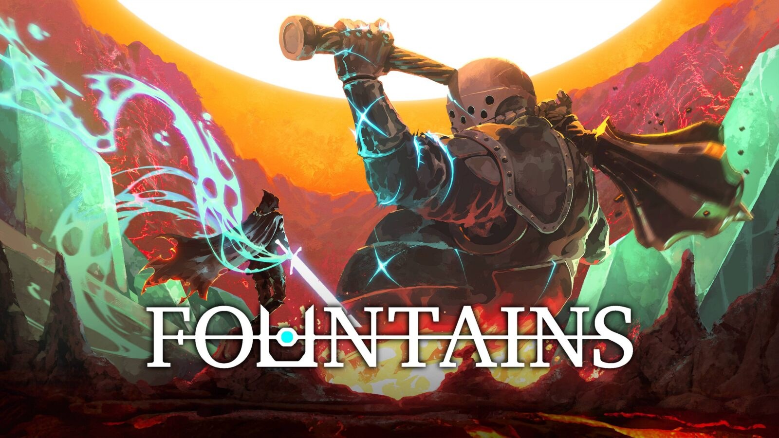 Official FOUNTAINS key art showing a helmeted foe against a glowing sky