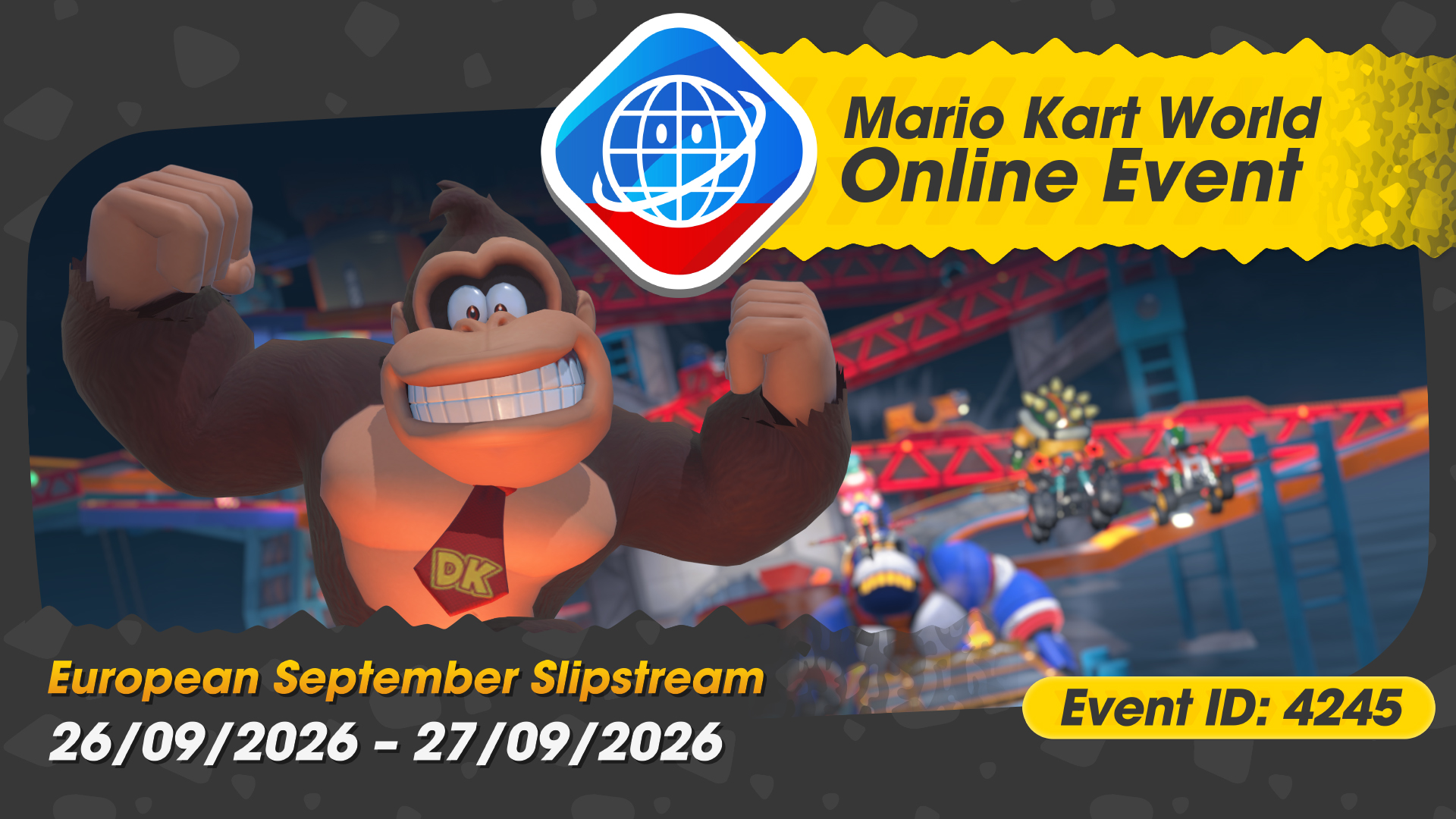 Official Mario Kart World European September Slipstream event graphic with Donkey Kong, dates and Event ID 4245