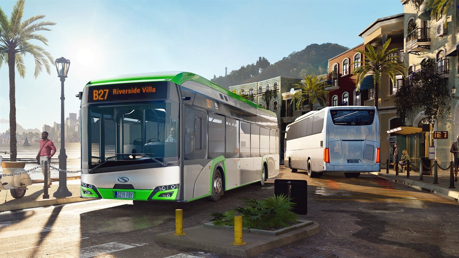 Green and white city bus drives through sunny Felicia Bay