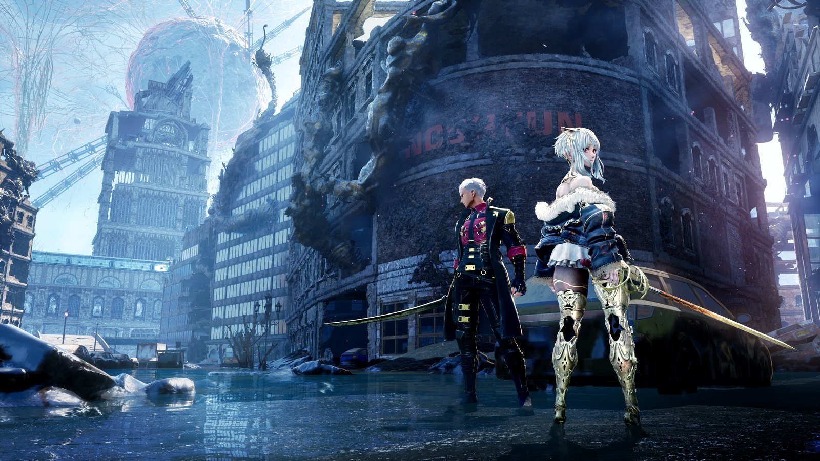 Zwei Code Vein II-Charaktere stehen in einer überfluteten, zerstörten Stadt