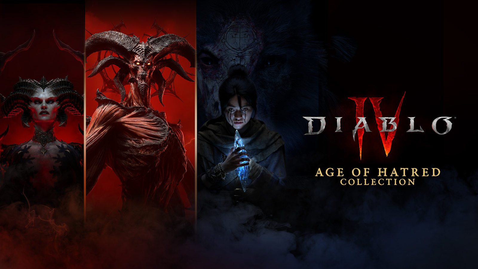 Offizielles Diablo IV Age of Hatred Collection Artwork mit Lilith und Klassencharakteren