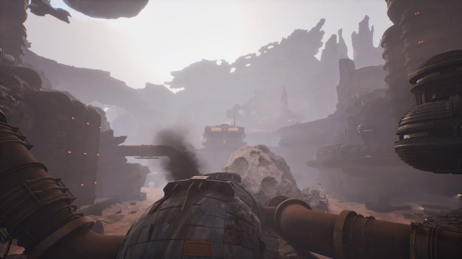 Official Dune: Awakening gameplay view across a bright Arrakis mission location
