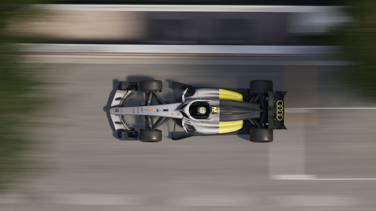 Um carro de Fórmula 1 da Audi corre por Mônaco em uma captura de tela oficial brilhante F1 25