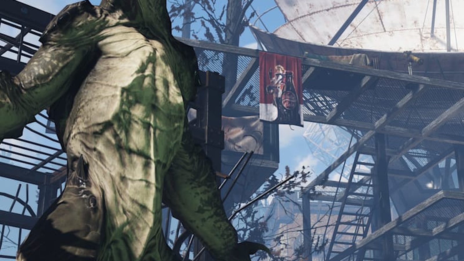 Um Deathclaw de estimação ruge em uma captura de tela oficial Fallout 76