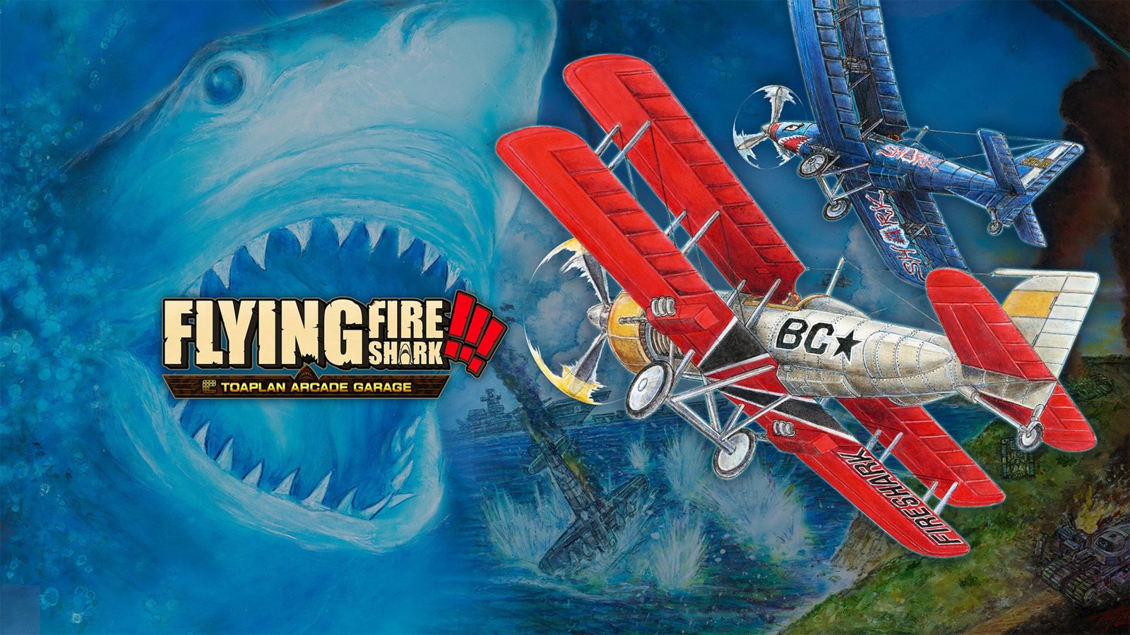 Rote und blaue Flugzeuge fliegen über einen riesigen Hai im offiziellen Flying Fire Shark Nintendo Artwork.