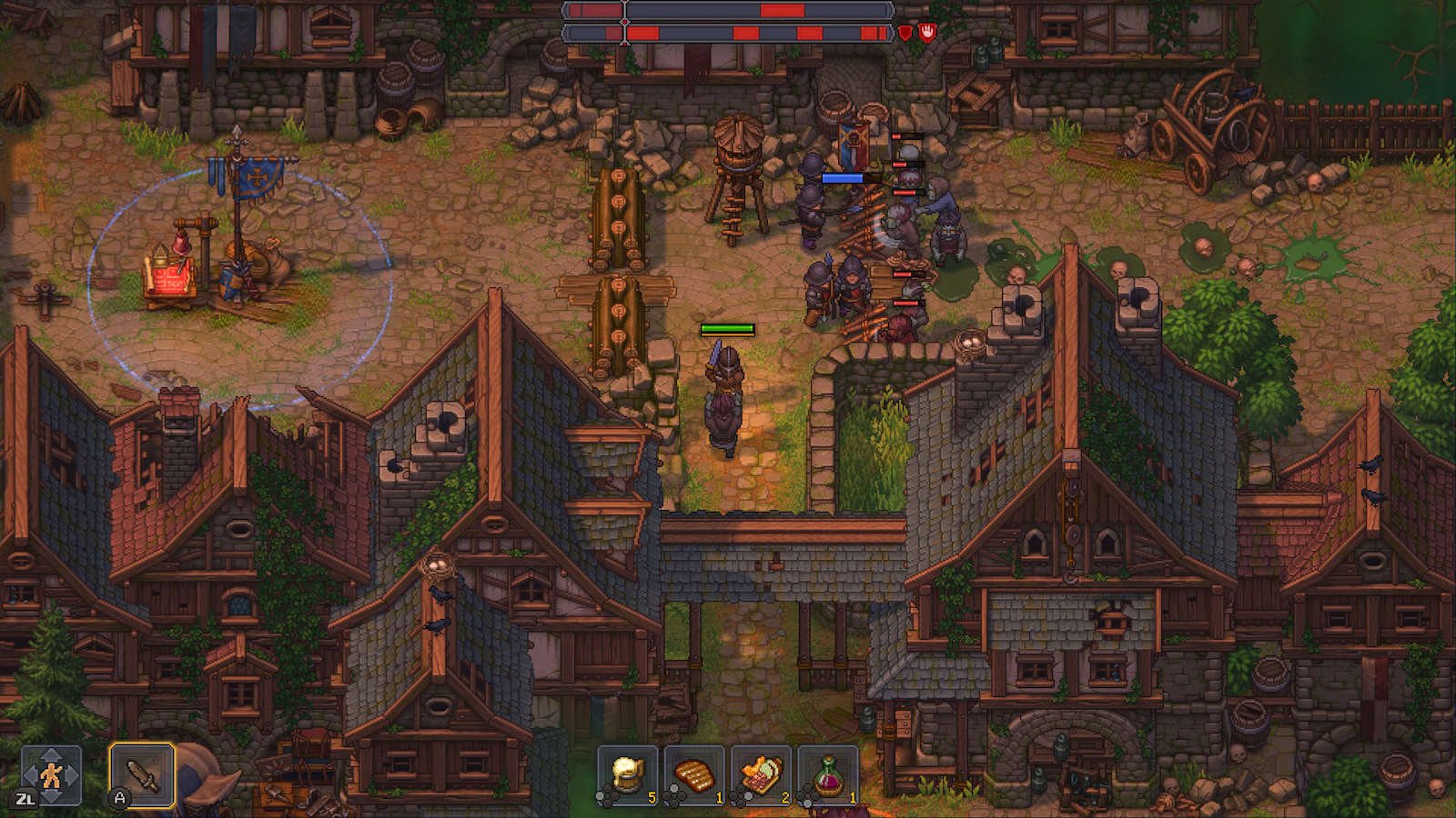 Official Graveyard Keeper 2 battle screenshot with the player leading undead troops through a town