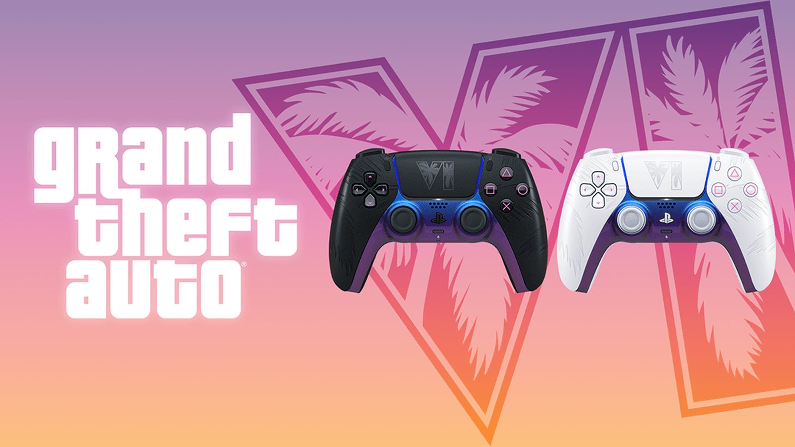 Black and white GTA VI limited-edition DualSense controllers on a bright Vice City backdrop