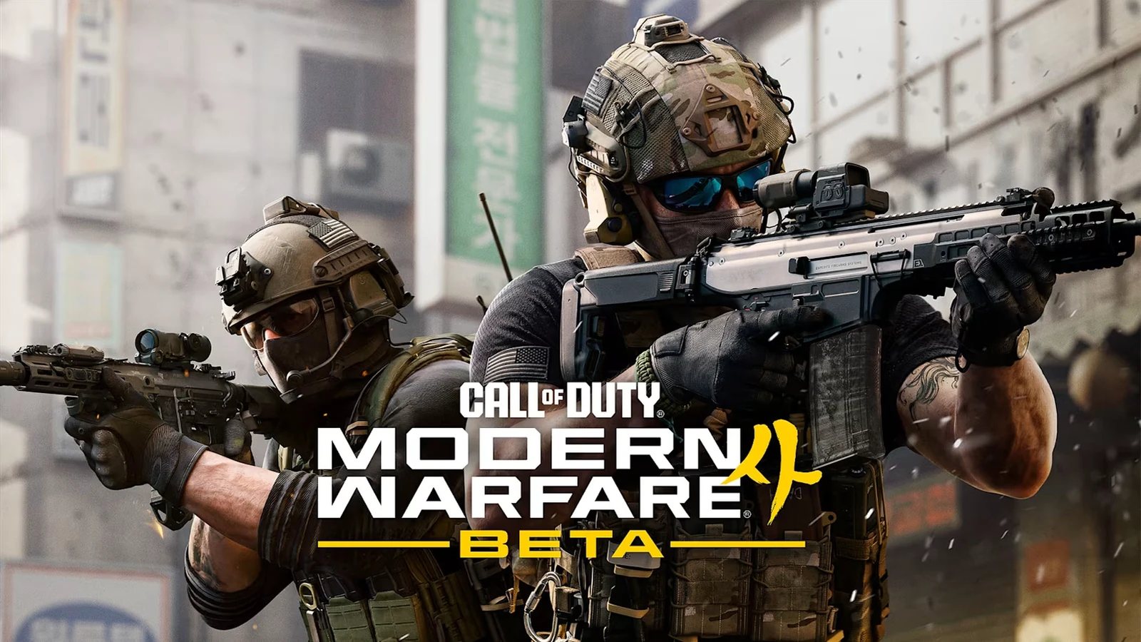 Soldados de Modern Warfare 4 em uma cena de combate multiplayer iluminada com o logo beta