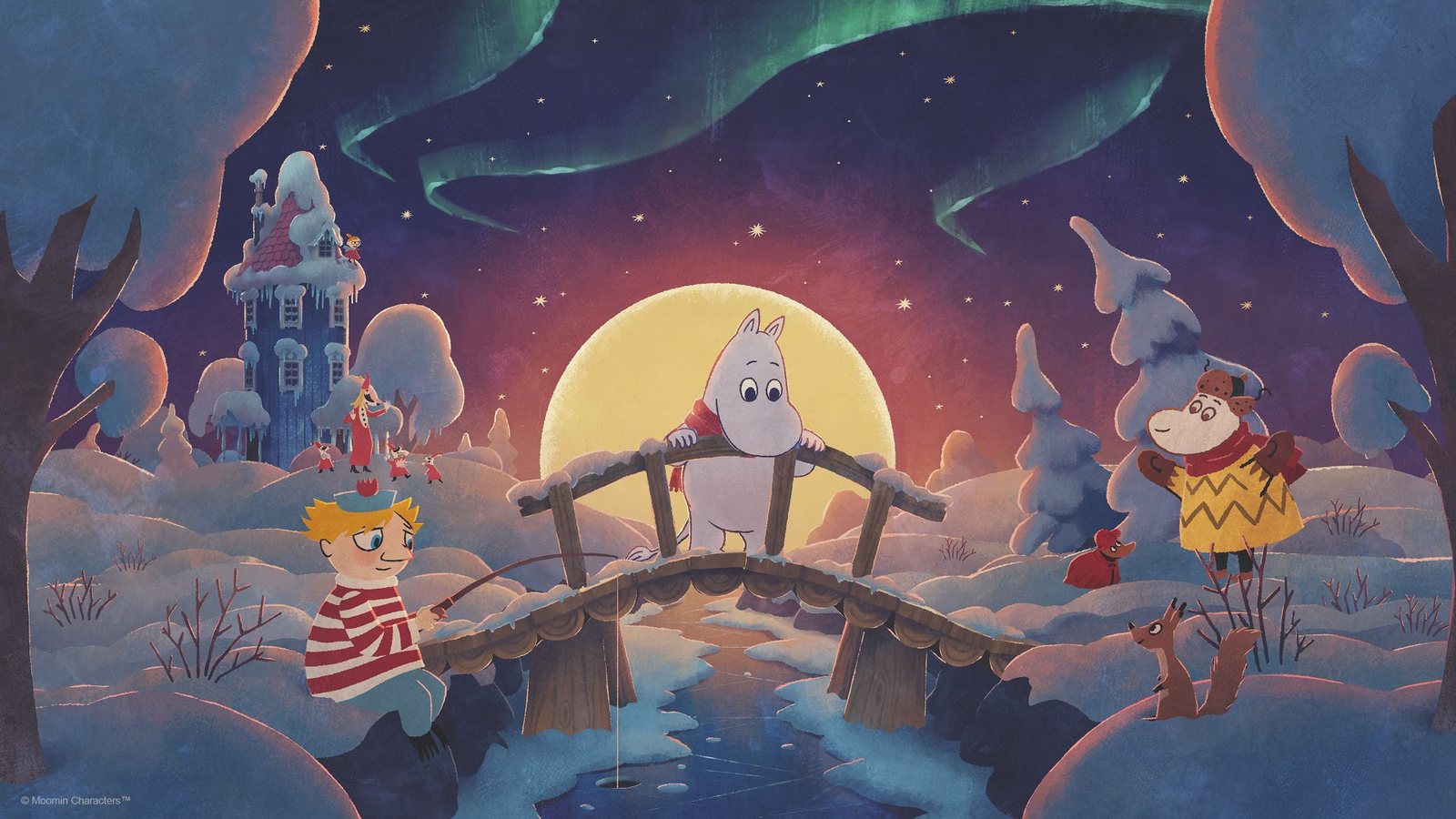 ムーミントロールと仲間たちが、公式の『Winter's Warmth』アートワークで雪の橋を渡ります。