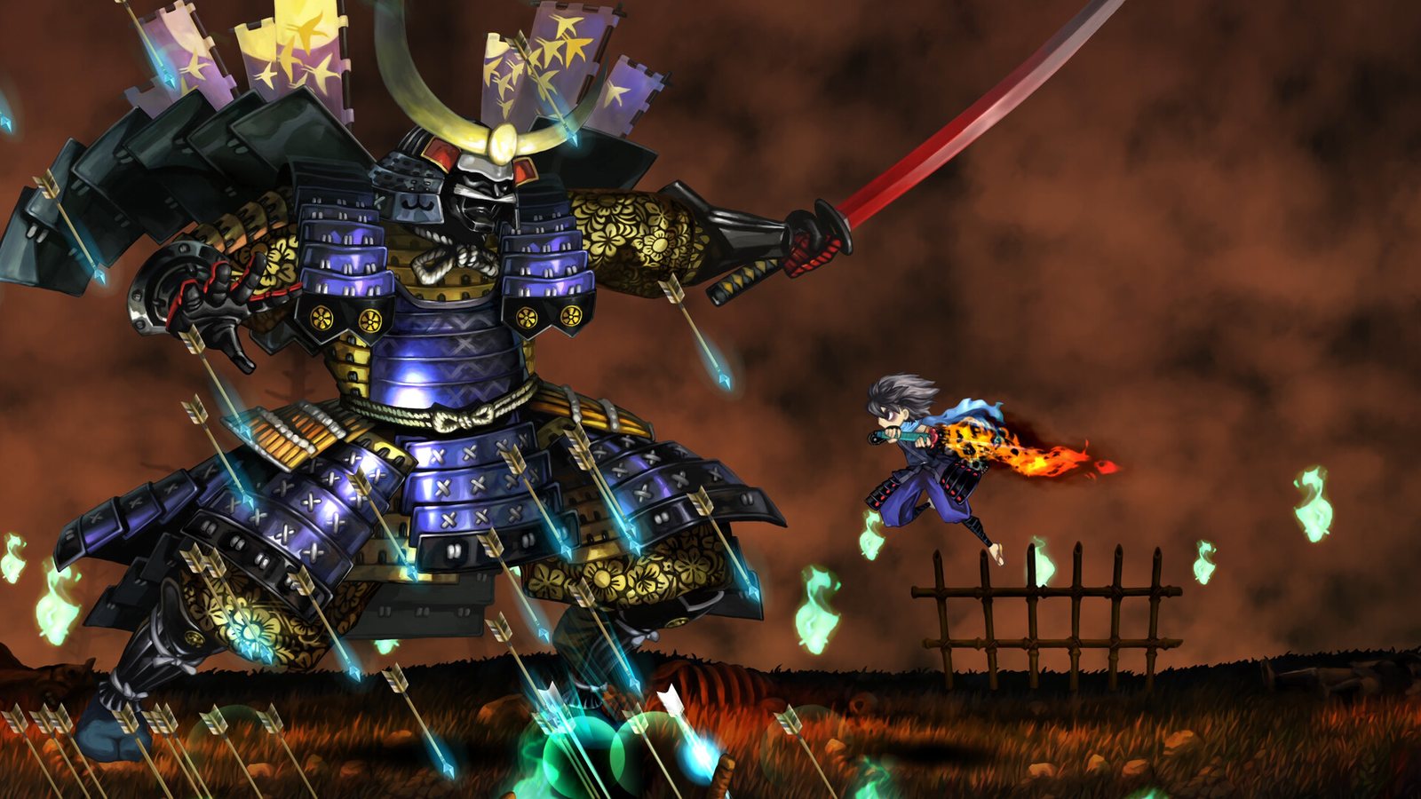 Ein Samurai kämpft gegen einen riesigen Feind in einem offiziellen Muramasa Revenant Blades Gameplay-Screenshot