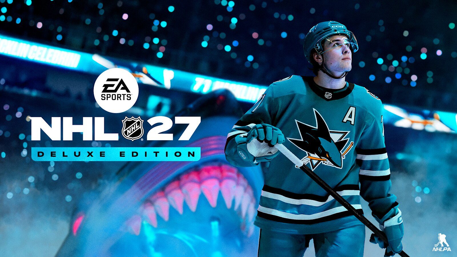 NHL 27 cover athlete Macklin Celebrini in bright official arena artwork