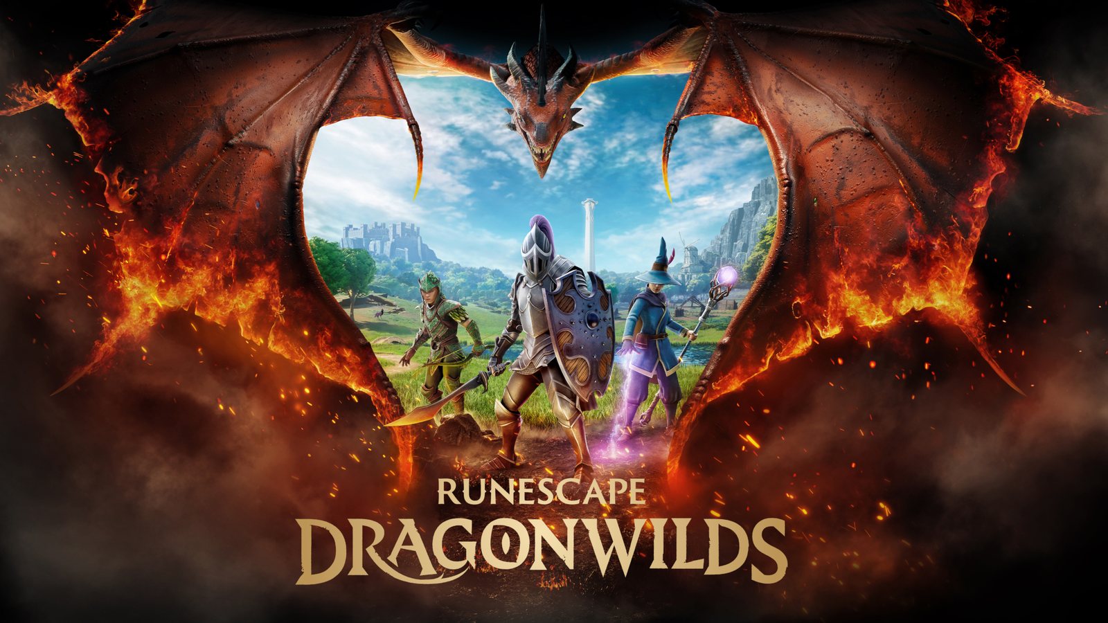 RuneScape Dragonwilds party beneath a dragon in official PlayStation catalog artwork