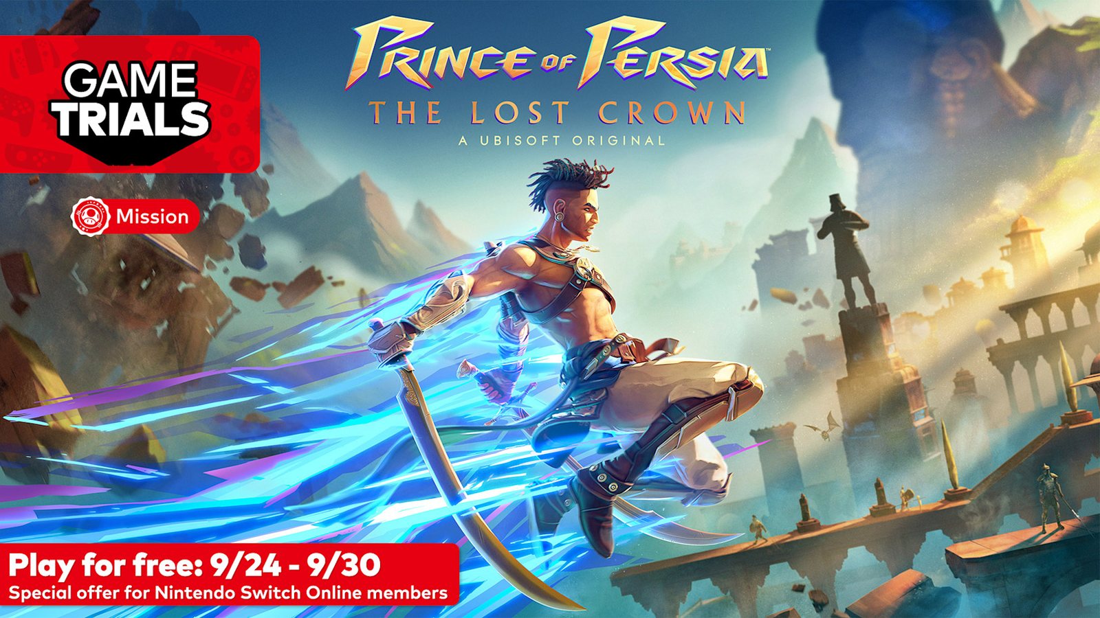 Sargon crossing a mythological Persian landscape beside the official Prince of Persia The Lost Crown Game Trials banner