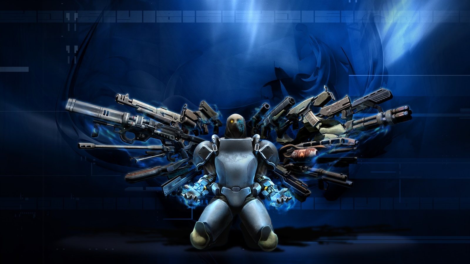 SPRAWL zero Supersoldat zeigt in einer blau beleuchteten Kampfszene ein breites Arsenal