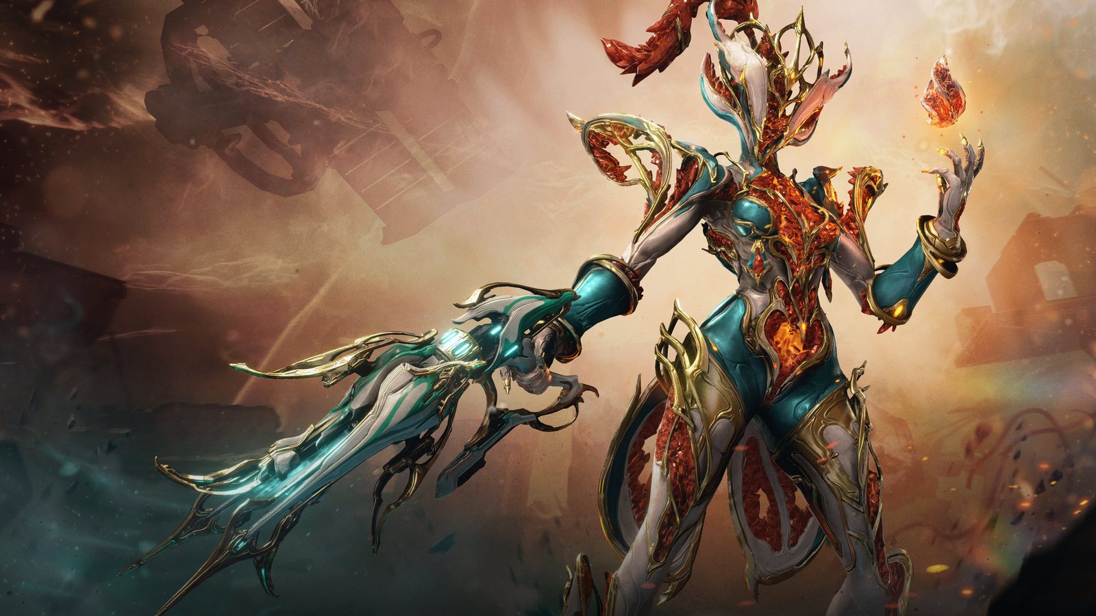 Citrine Prime e suas armas Prime características em uma arte oficial brilhante do Warframe