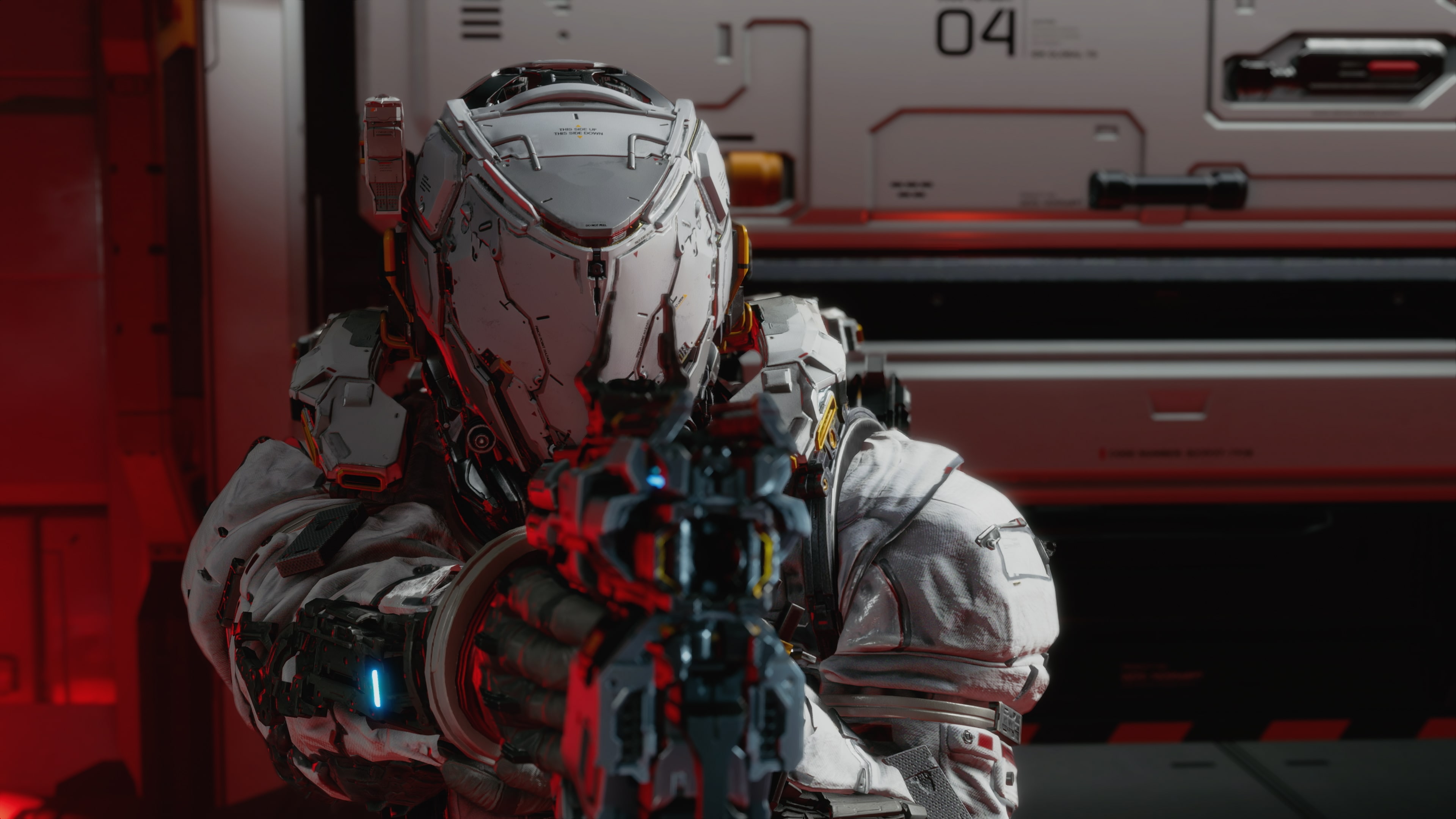 Hugh aims a weapon inside the lunar facility in an official Pragmata screenshot