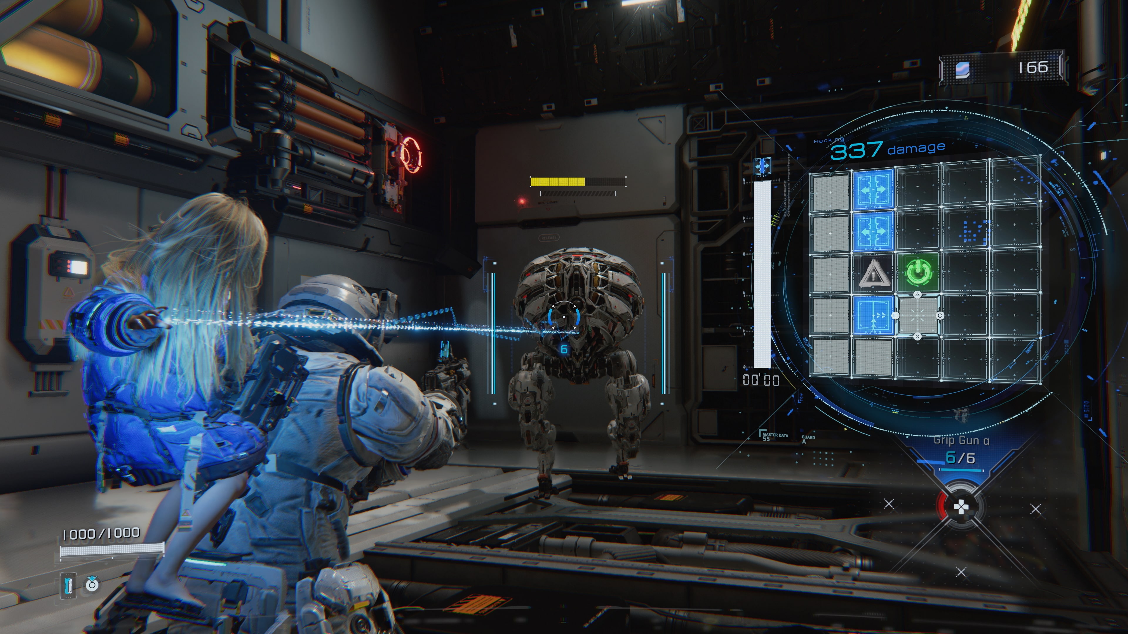 Diana hacks an enemy while Hugh aims at it in an official Pragmata gameplay screenshot