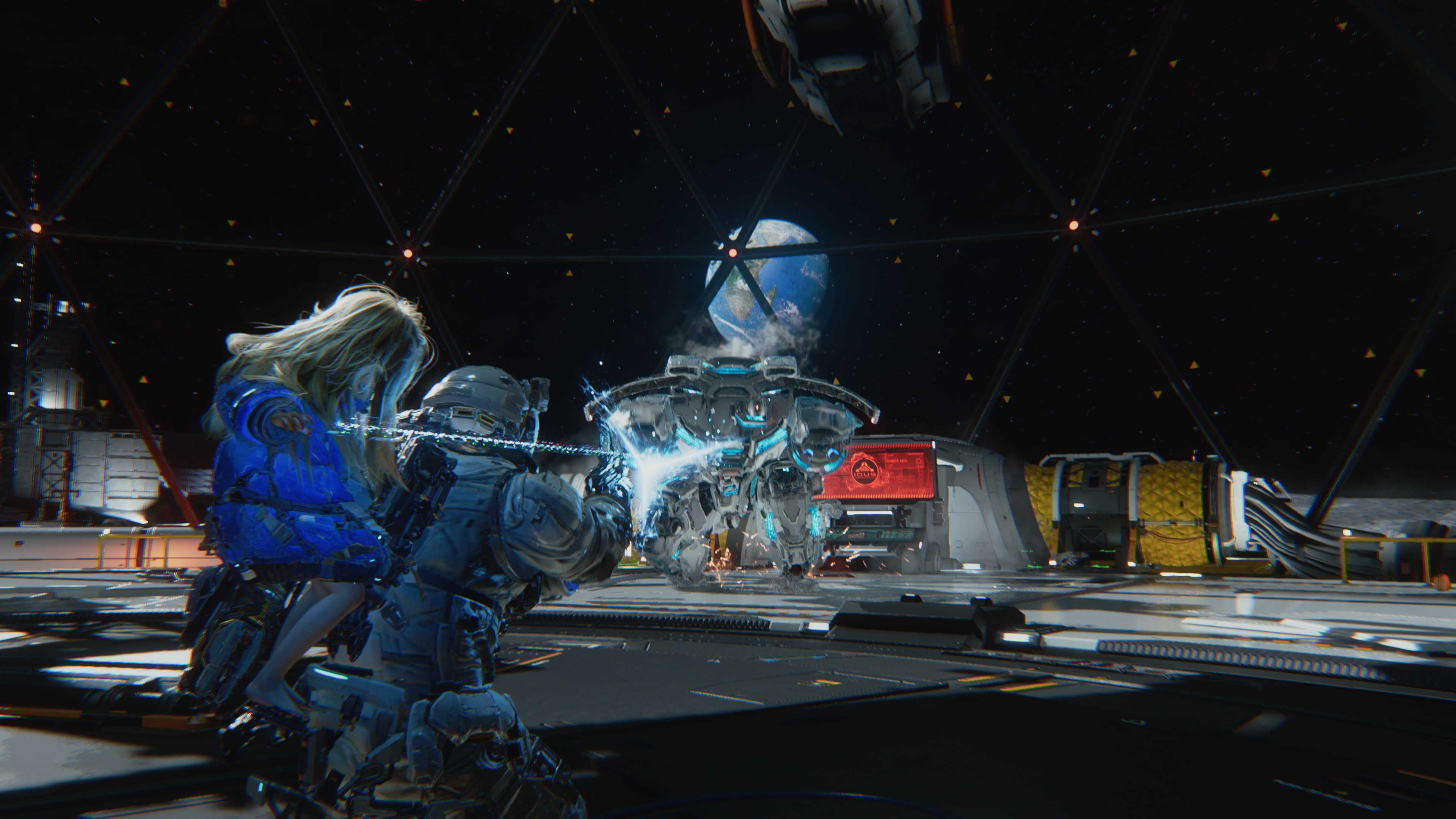 Hugh and Diana confront a machine on the lunar surface in an official Pragmata screenshot