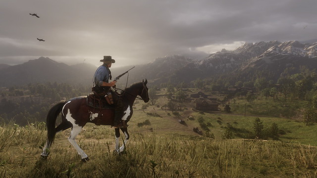 Arthur surveys wildlife from horseback with a bow ready